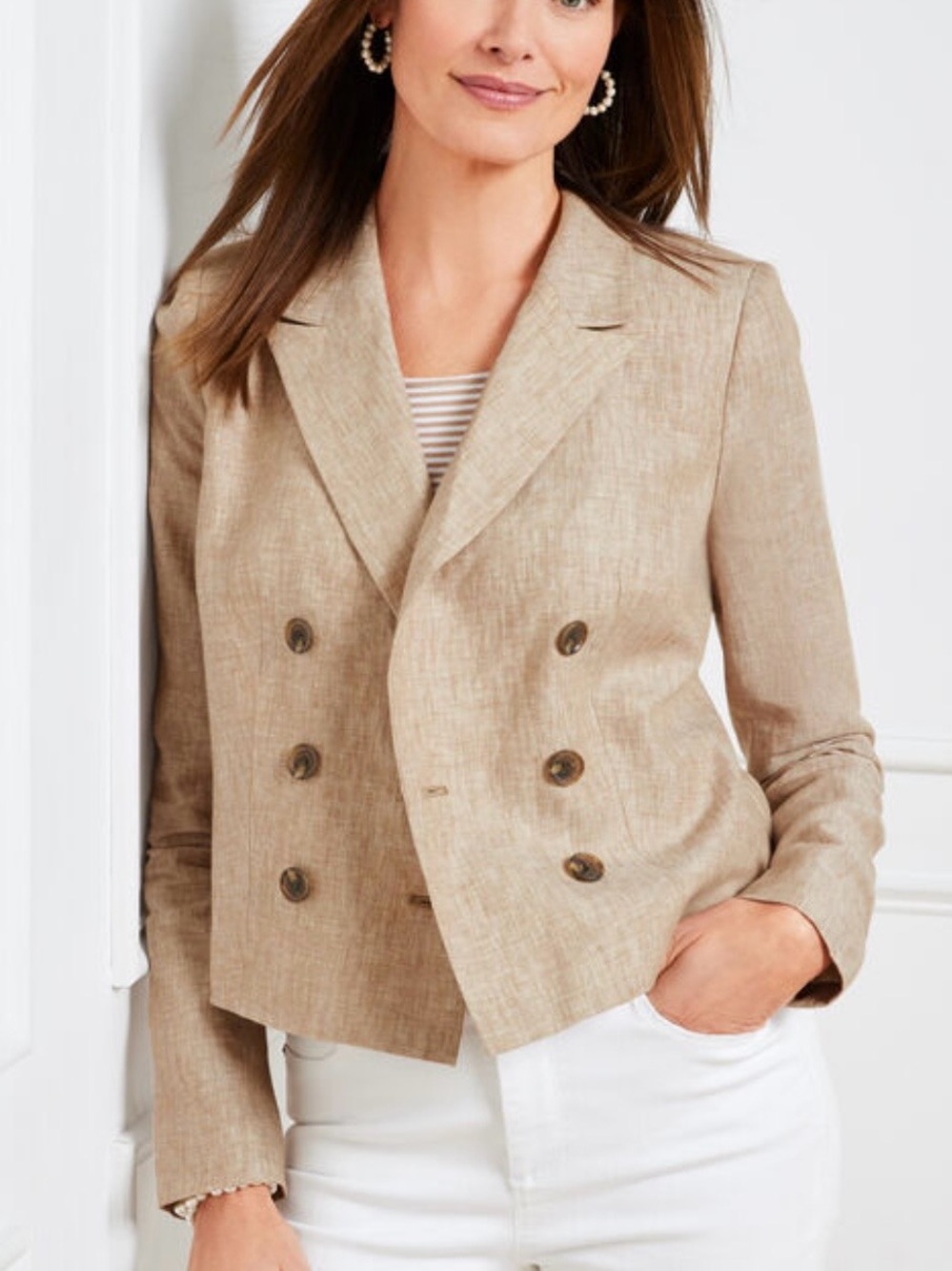 Talbots 100% Linen Cropped Lined Double-Breasted Blazer Womens Size 14